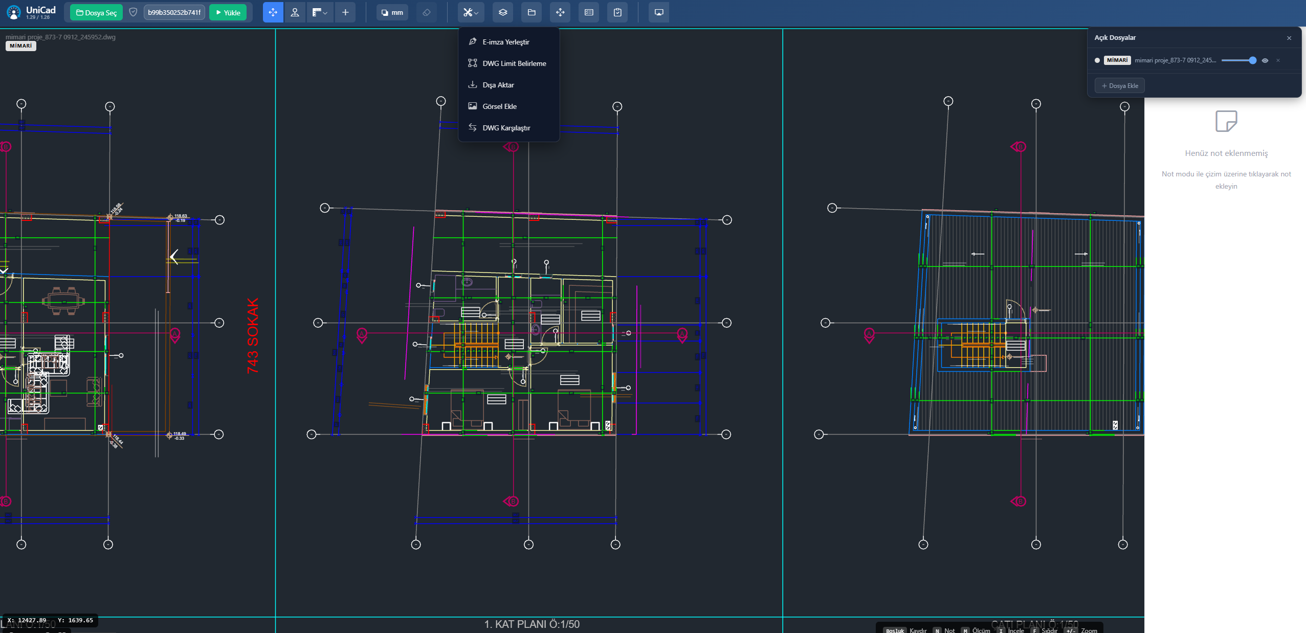 UniCAD — web tabanlı DWG görüntüleyici ve kat planı